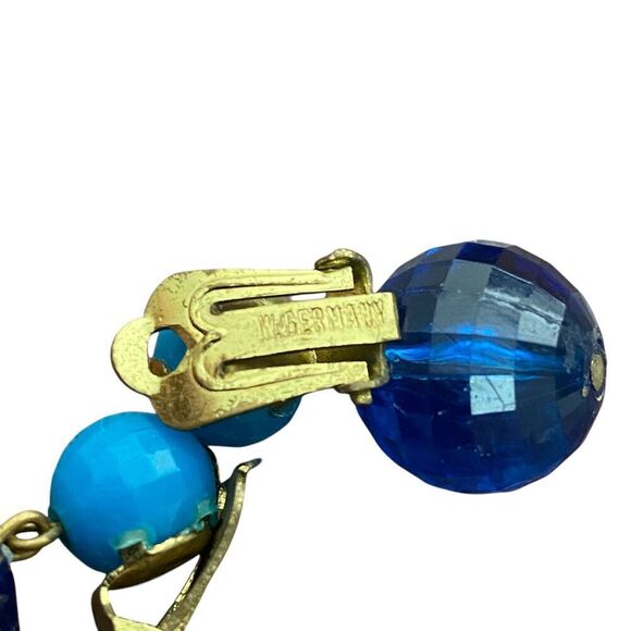 Vintage Earrings W Germany Faceted Acrylic Dangle Clip Blue Turquoise Mod GoGo - Picture 3 of 6